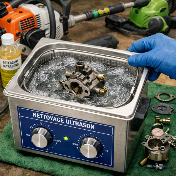 Nettoyage de carburateur à l'ultrason pour matériel de jardinage dans notre magasin à Venelles près de Bouc Bel Air